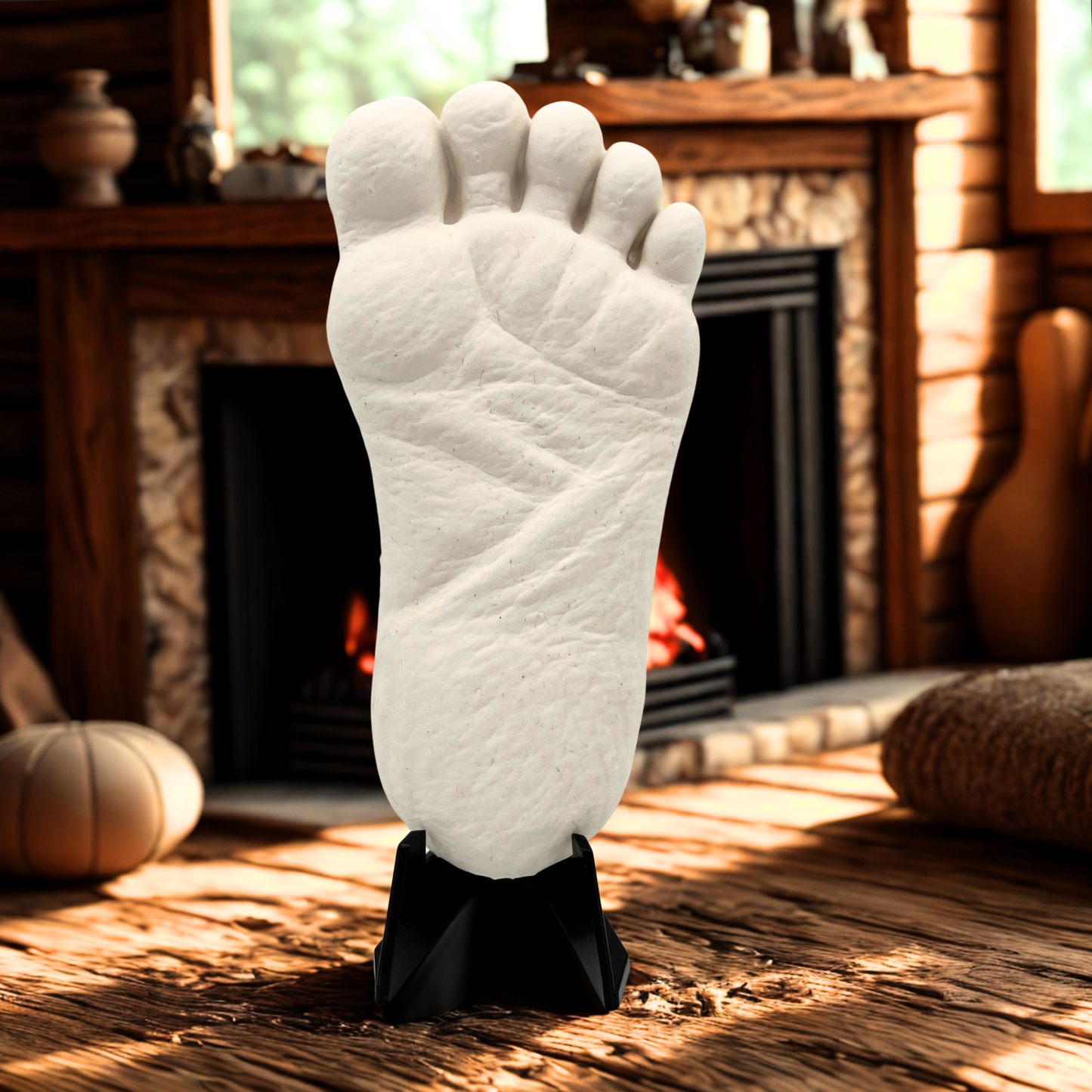 Bigfoot footprint mini cast displayed on stand in rustic indoor setting