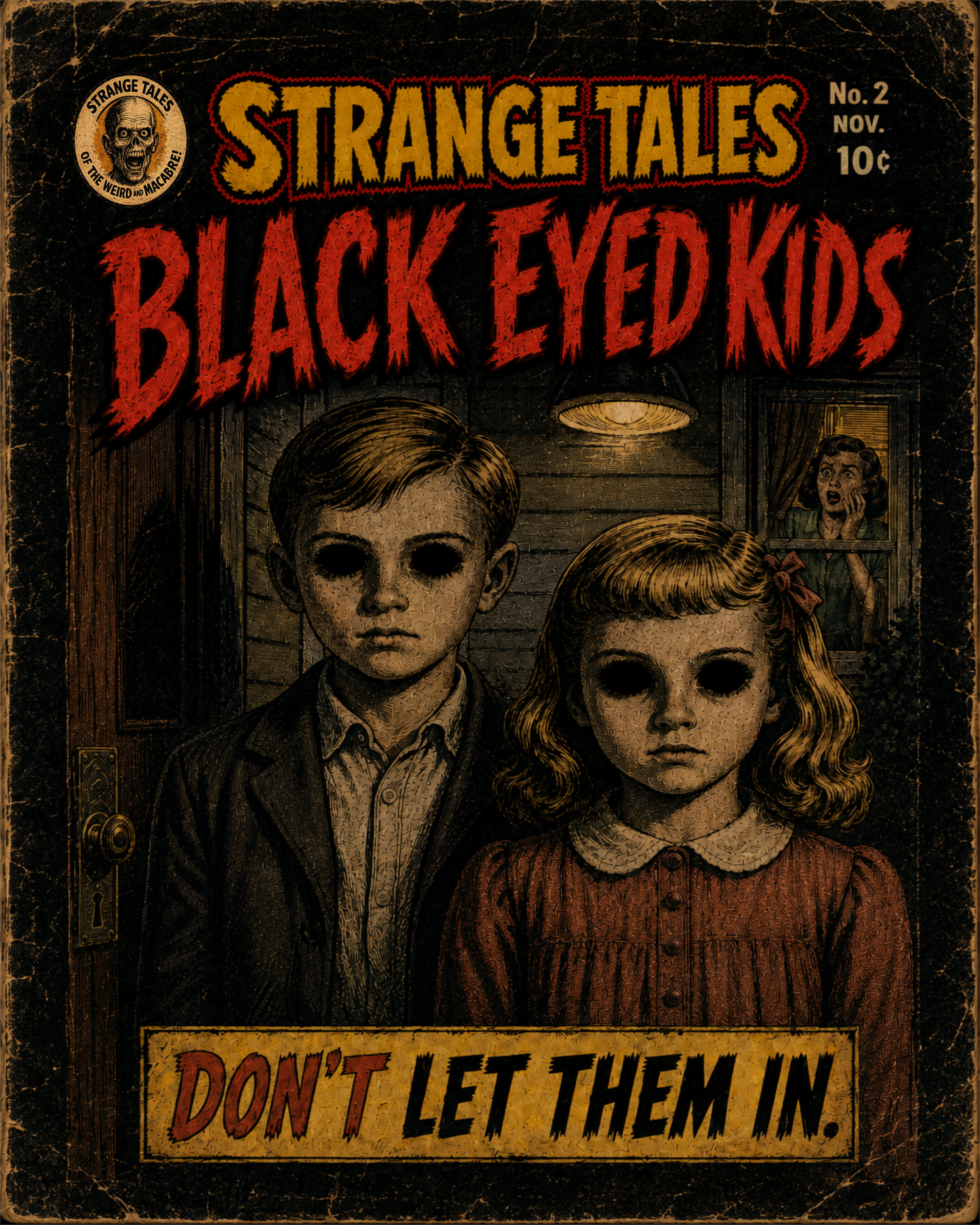 Strange Tales Black-Eyed Kids framed horror comic cover art print featuring two eerie children standing at a front door.
