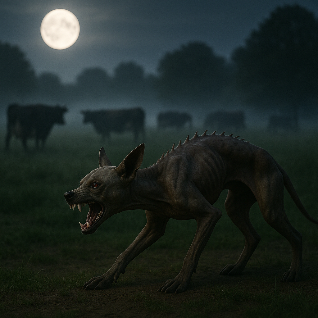 Chupacabra in a misty field with cows under a full moon
