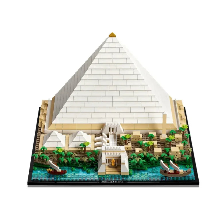 Fully built pyramid model with Nile river, temples, and miniature palm trees
