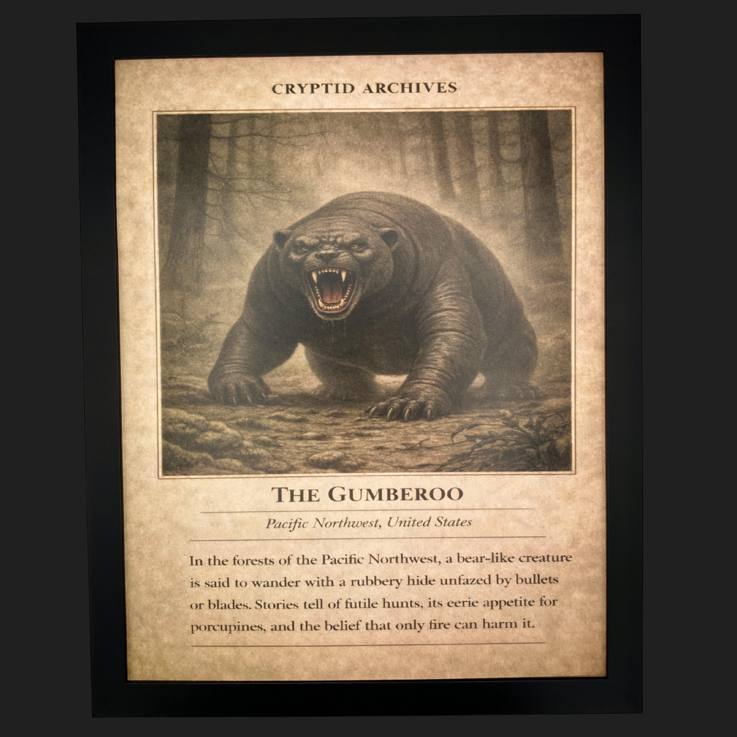 Cryptid Archives Gumberoo illustration depicting a bear-like creature with a rubbery hide in the Pacific Northwest