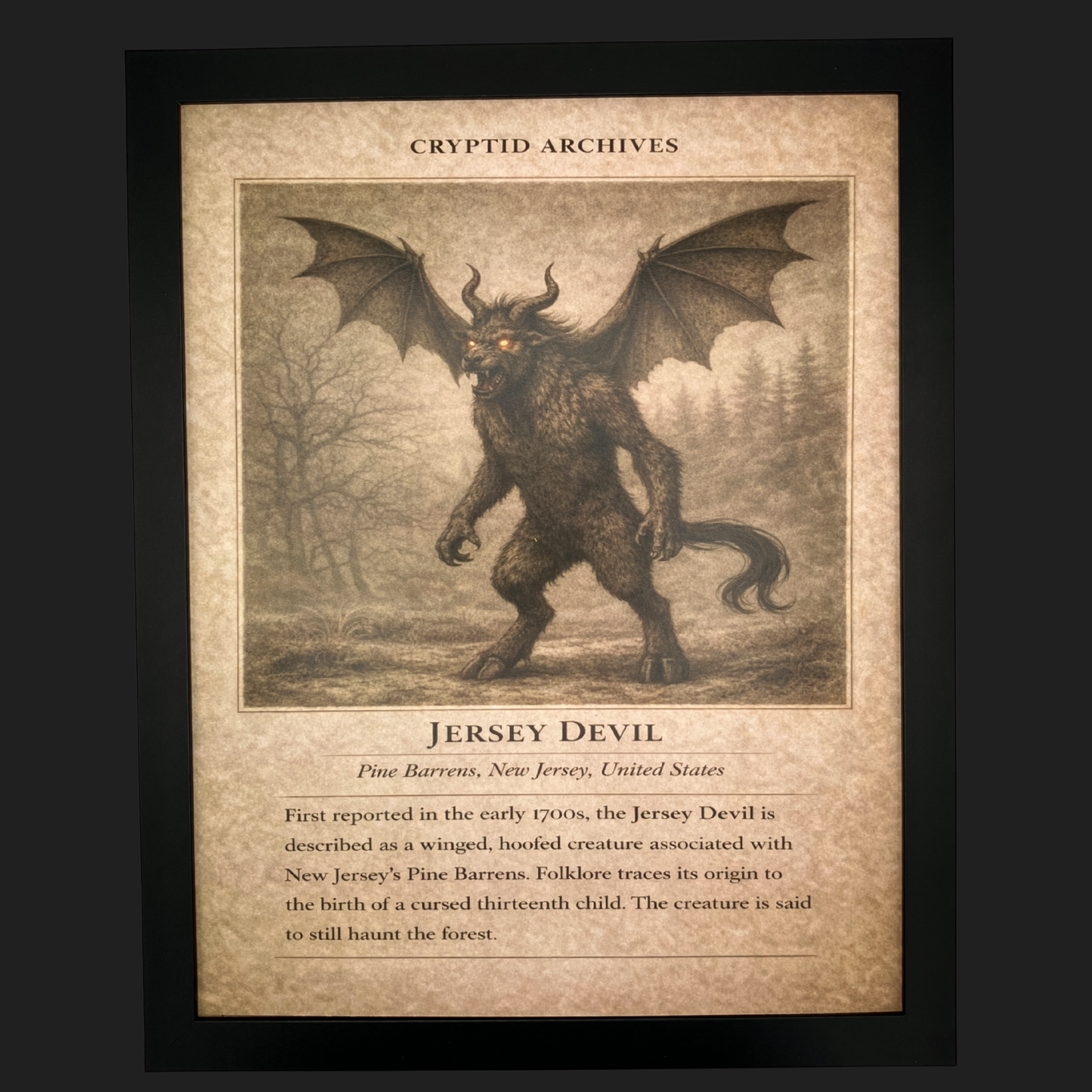 Cryptid Archives Jersey Devil artwork showing a winged hoofed creature haunting the New Jersey Pine Barrens