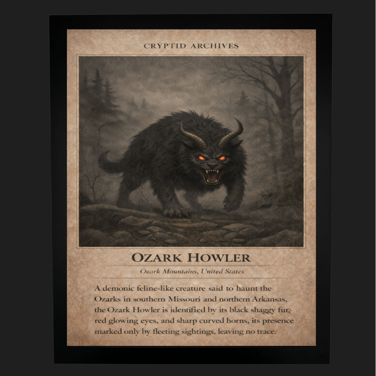 Cryptid Archives Ozark Howler print depicting a demonic horned feline-like creature in the Ozark Mountains