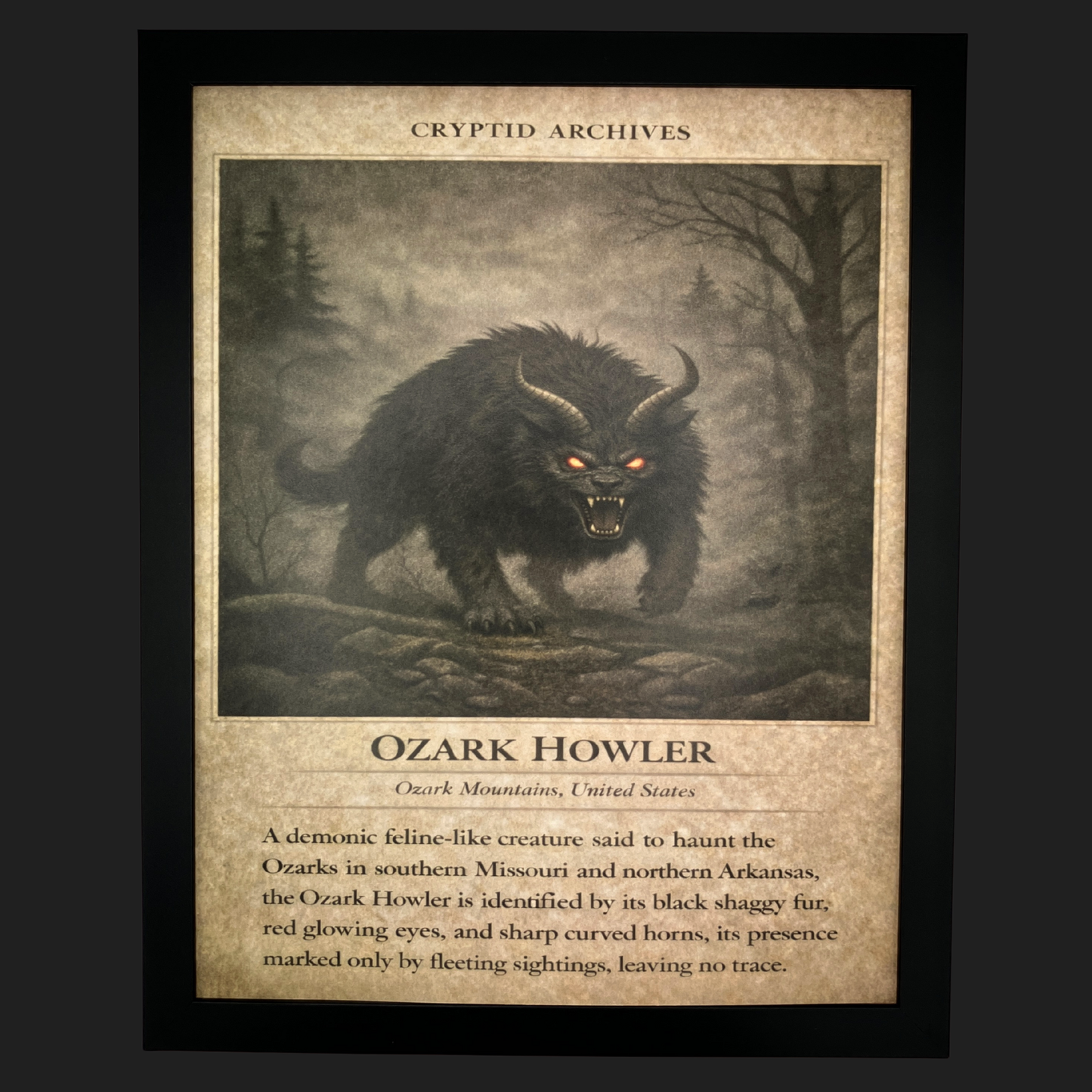 Cryptid Archives Ozark Howler print depicting a demonic horned feline-like creature in the Ozark Mountains