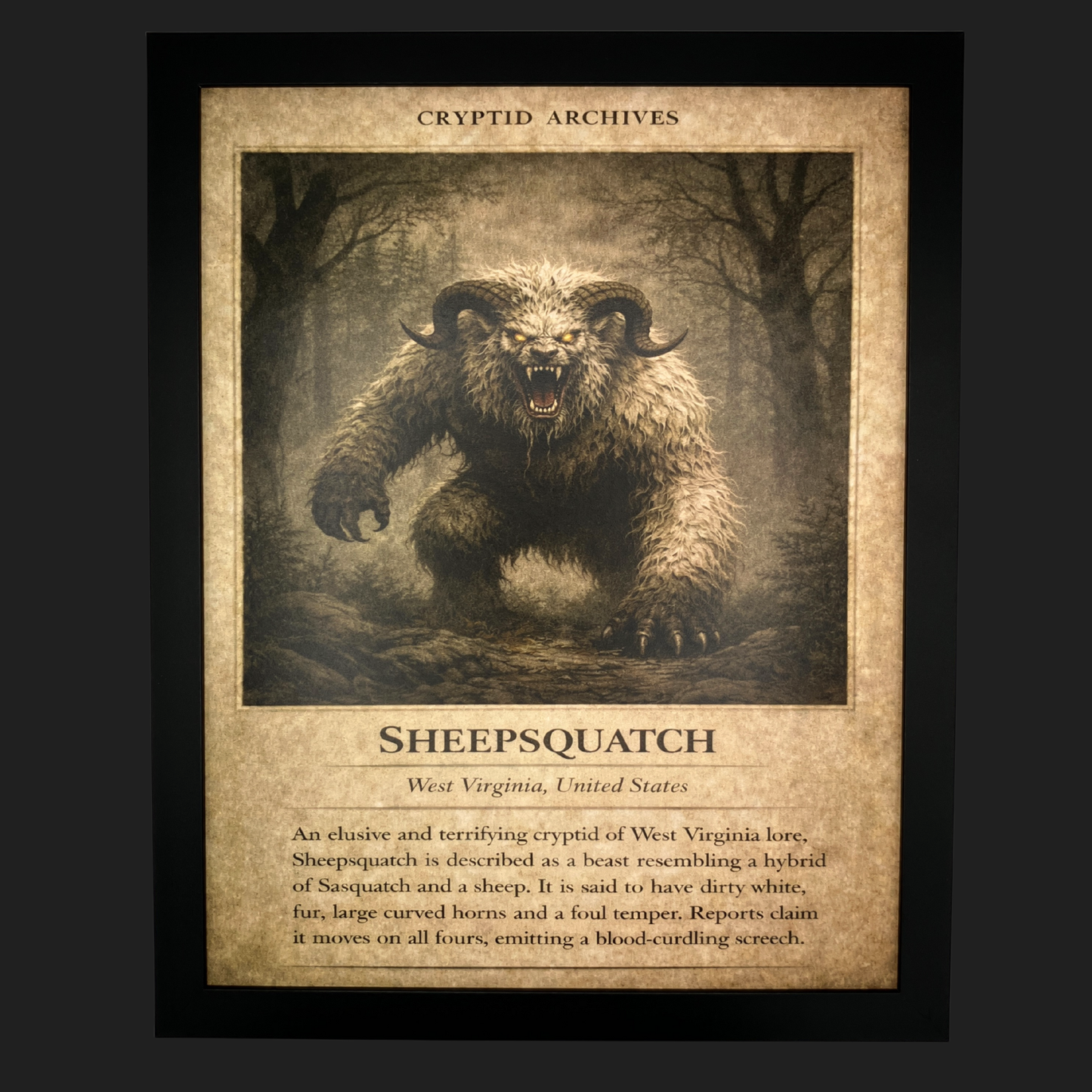 Cryptid Archives Sheepsquatch illustration showing a horned hybrid beast resembling a Sasquatch and sheep in West Virginia