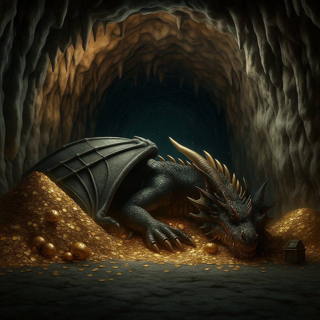Dragon sleeping on a bed of gold in a cave