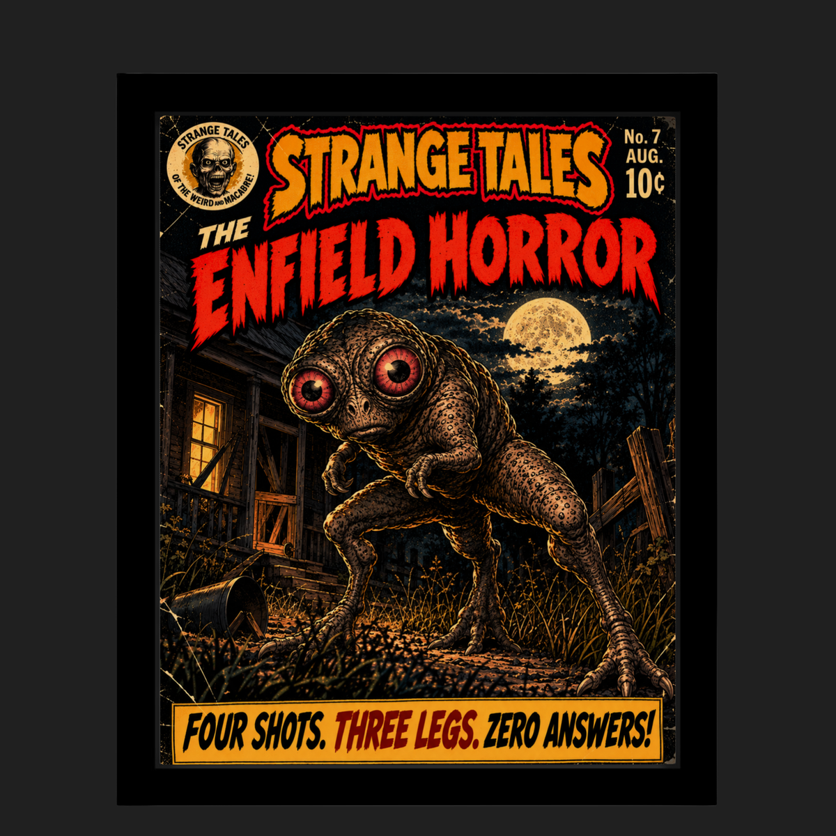Framed Enfield Horror vintage comic-style print featuring a three-legged, red-eyed cryptid outside a farmhouse beneath a full moon, with the tagline Four Shots. Three Legs. Zero Answers!