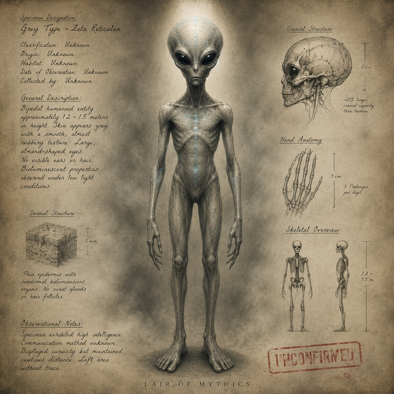 Grey alien specimen chart showing a Zeta Reticulan-style humanoid with anatomical sketches, handwritten field notes, and an unconfirmed case-file stamp.