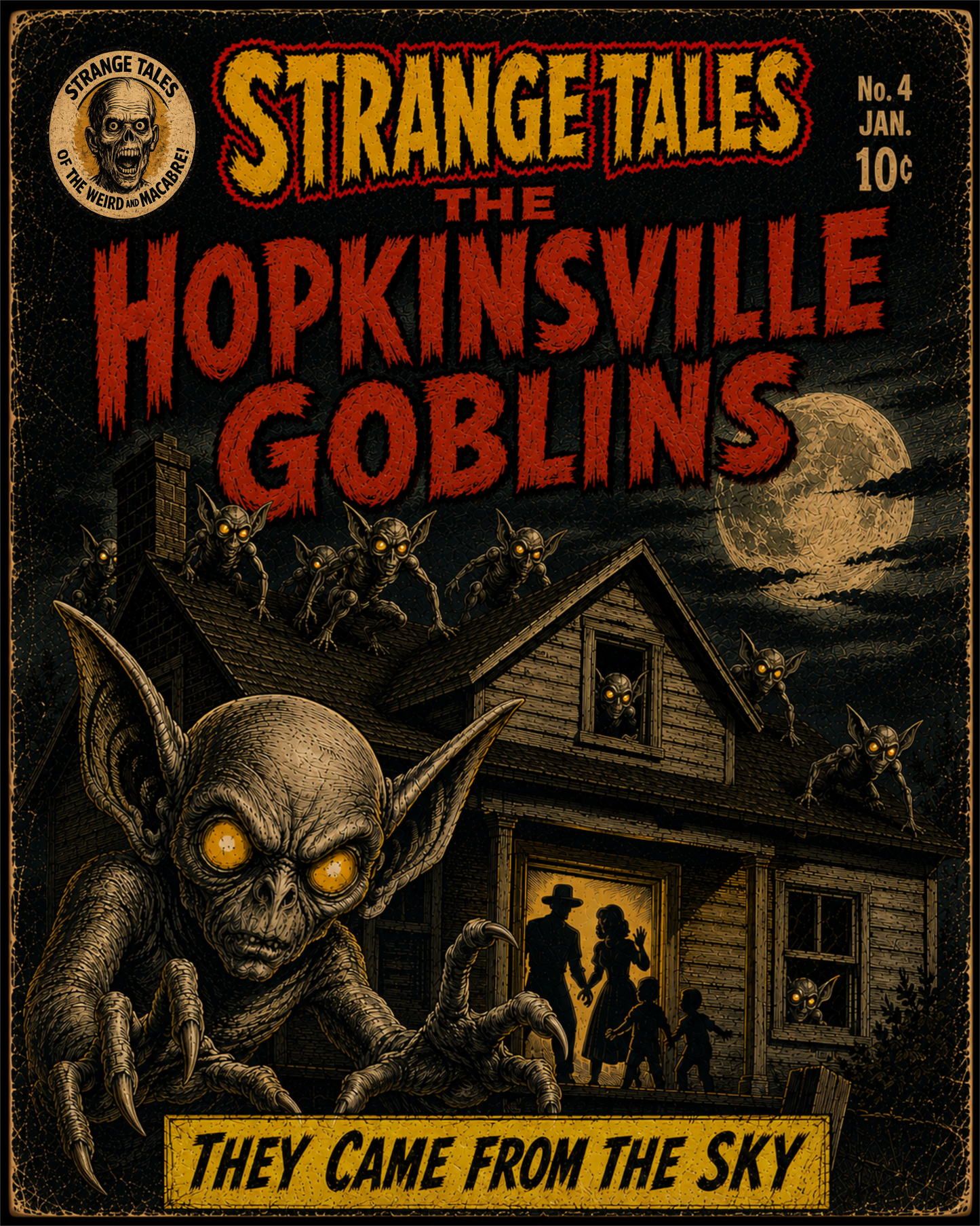 Strange Tales Hopkinsville Goblins framed horror comic cover art print featuring the Kentucky goblin encounter beneath a full moon.