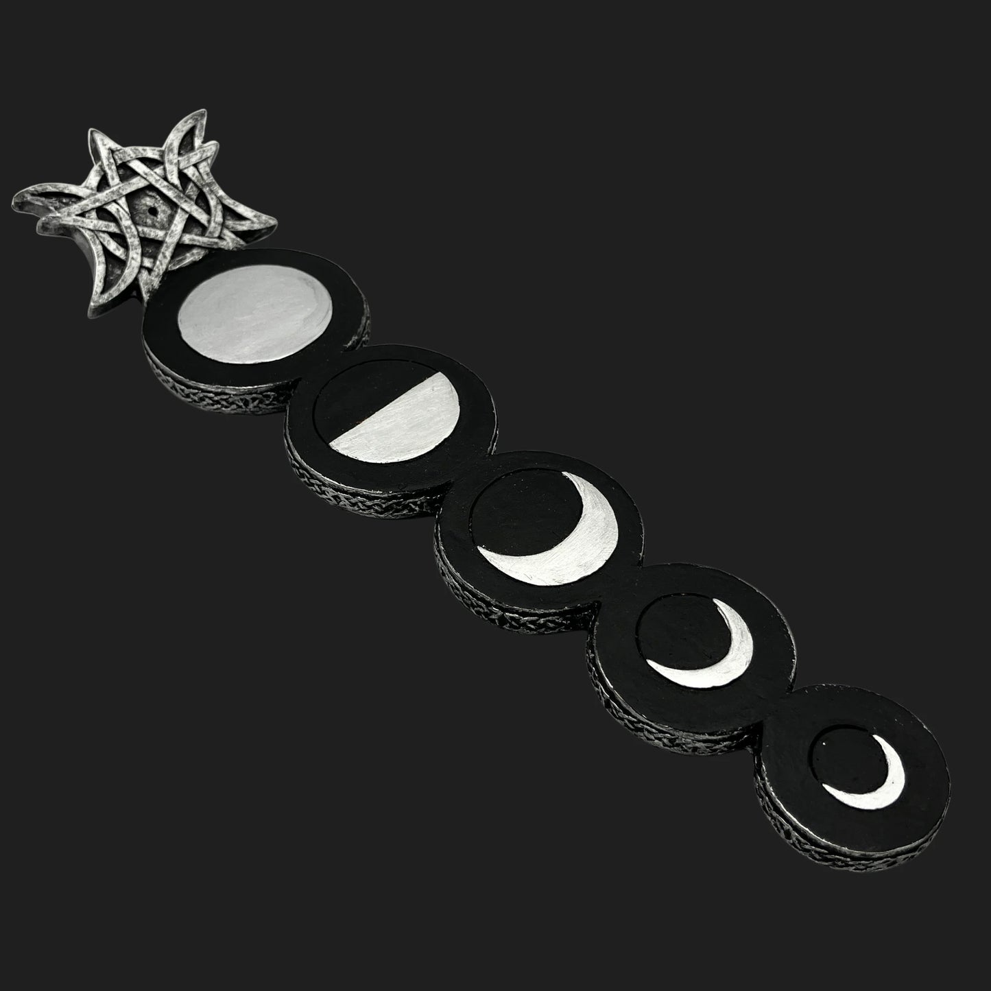 Mystic Moon incense burner with silver lunar phases and star crown