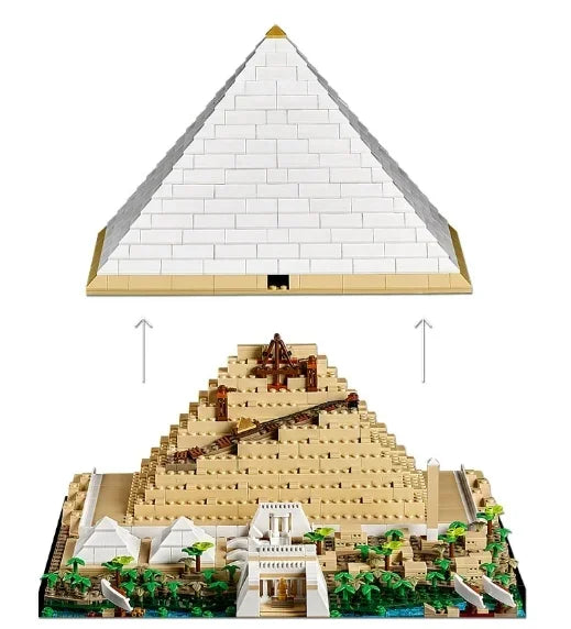 LEGO-style pyramid kit with removable top showing ancient construction scene and workers