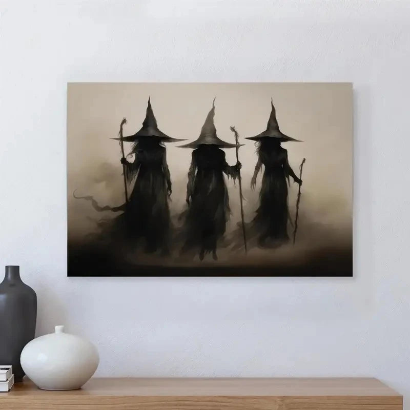 Retro Halloween witch canvas art hanging above a decorative shelf with small decorative objects
