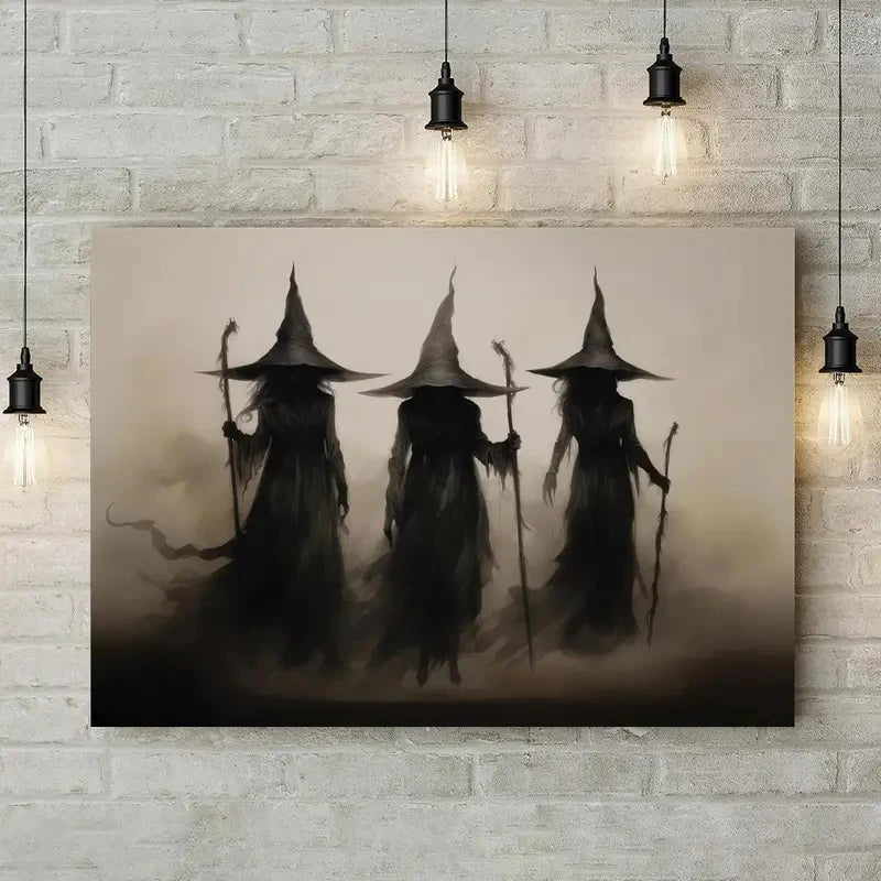 Abstract witch-themed canvas print displayed on a wall with warm hanging lights, creating a cozy Halloween ambiance