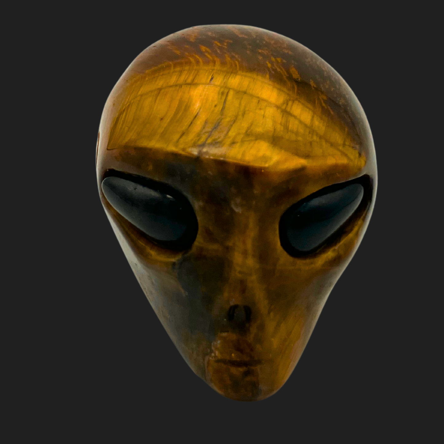 Front view of Tiger’s Eye alien skull gemstone carving with dark eyes and golden sheen, metaphysical alien figurine from Lair of Mythics.