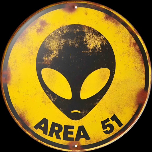 Round sign with alien head symbol and 'Area 51' text on a yellow background