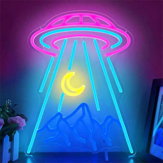 Alien Spaceship Mountain Neon Light