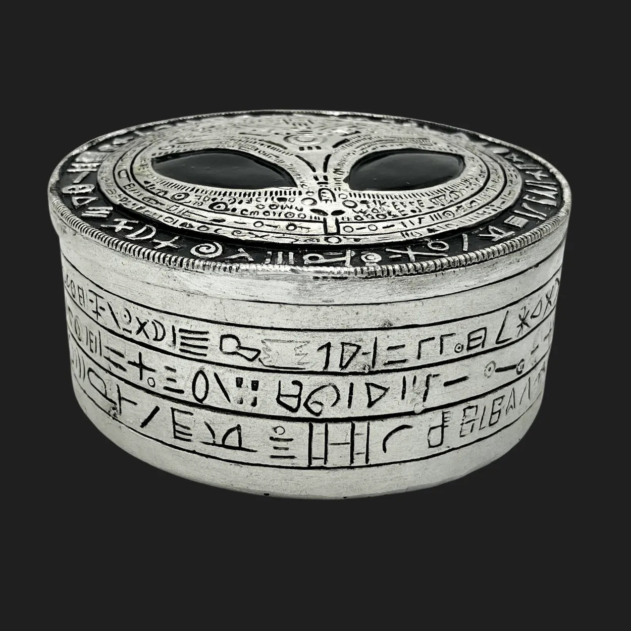 Alien relic storage box with hieroglyphic designs and cosmic alien face lid, 5x2 inch resin container
