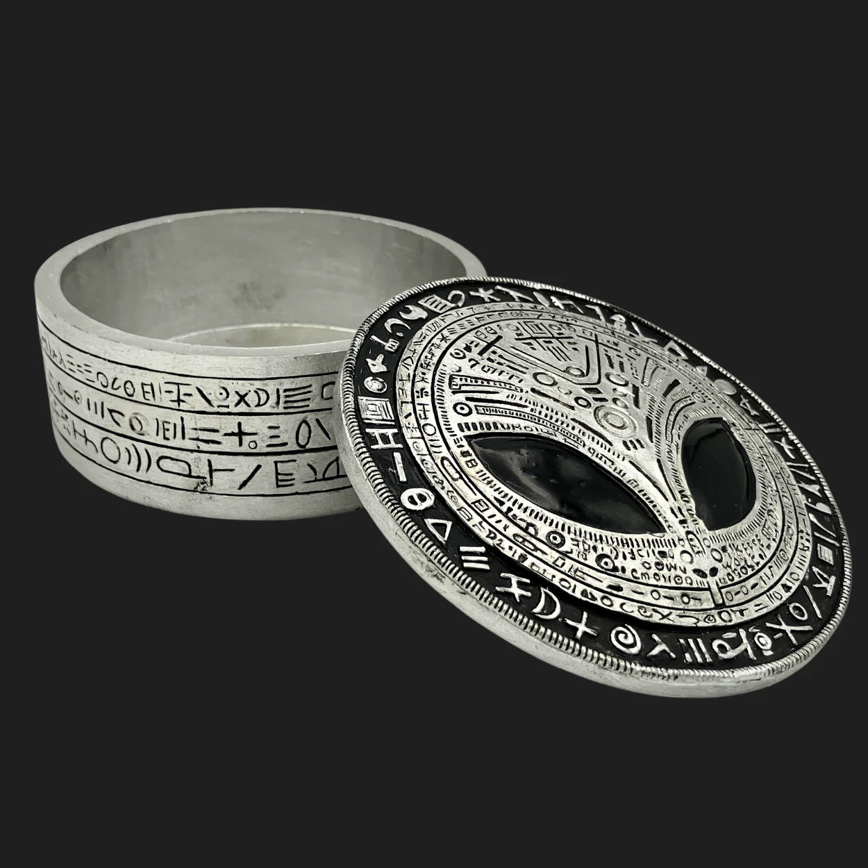 Alien head trinket box with cosmic symbols, lid open showing storage interior, 5 inches wide by 2 inches tall