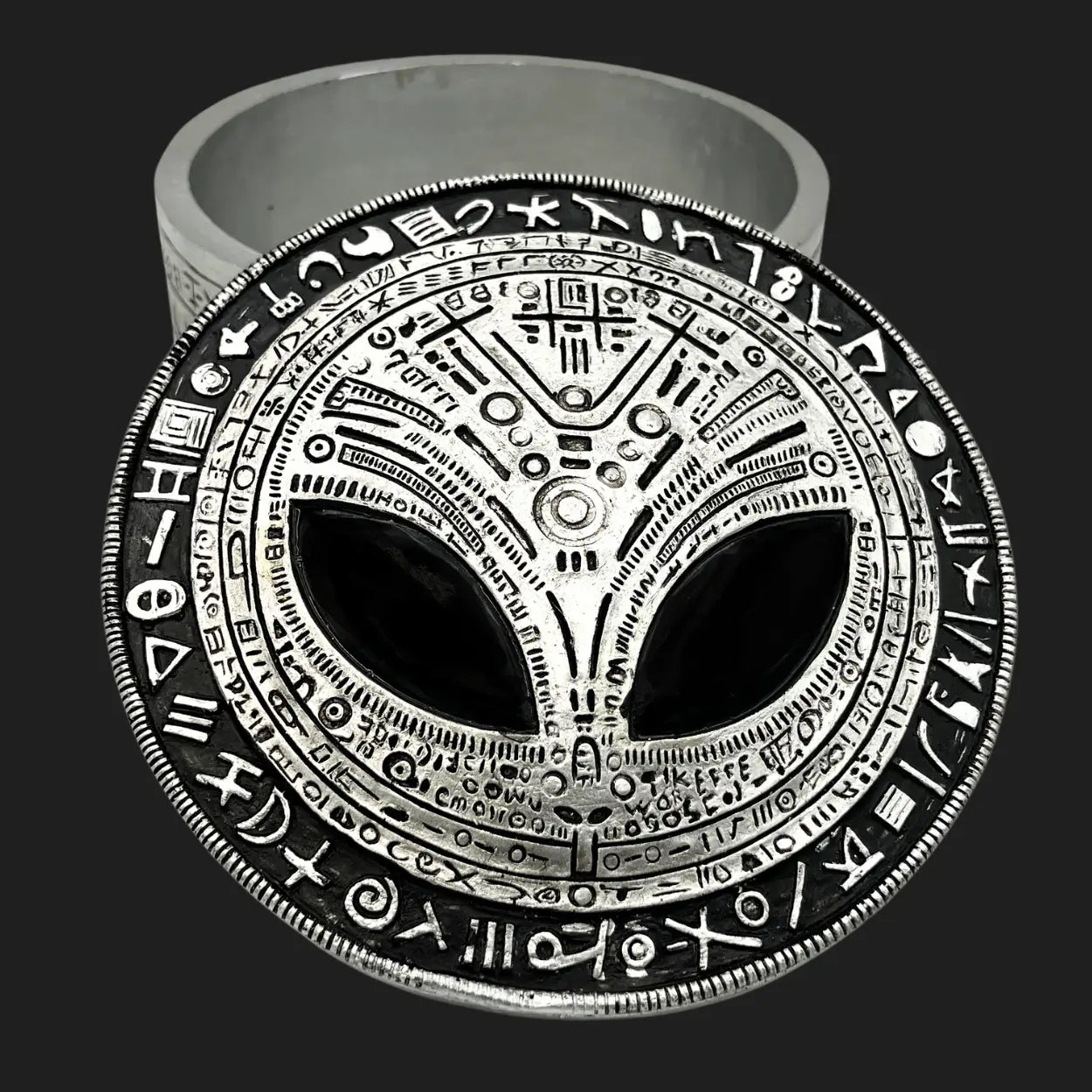 Alien head trinket box lid featuring Grey alien face and extraterrestrial symbols, UFO inspired décor piece