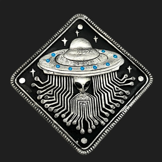 Top view of alien UFO trinket box lid featuring circuit board pattern and extraterrestrial face