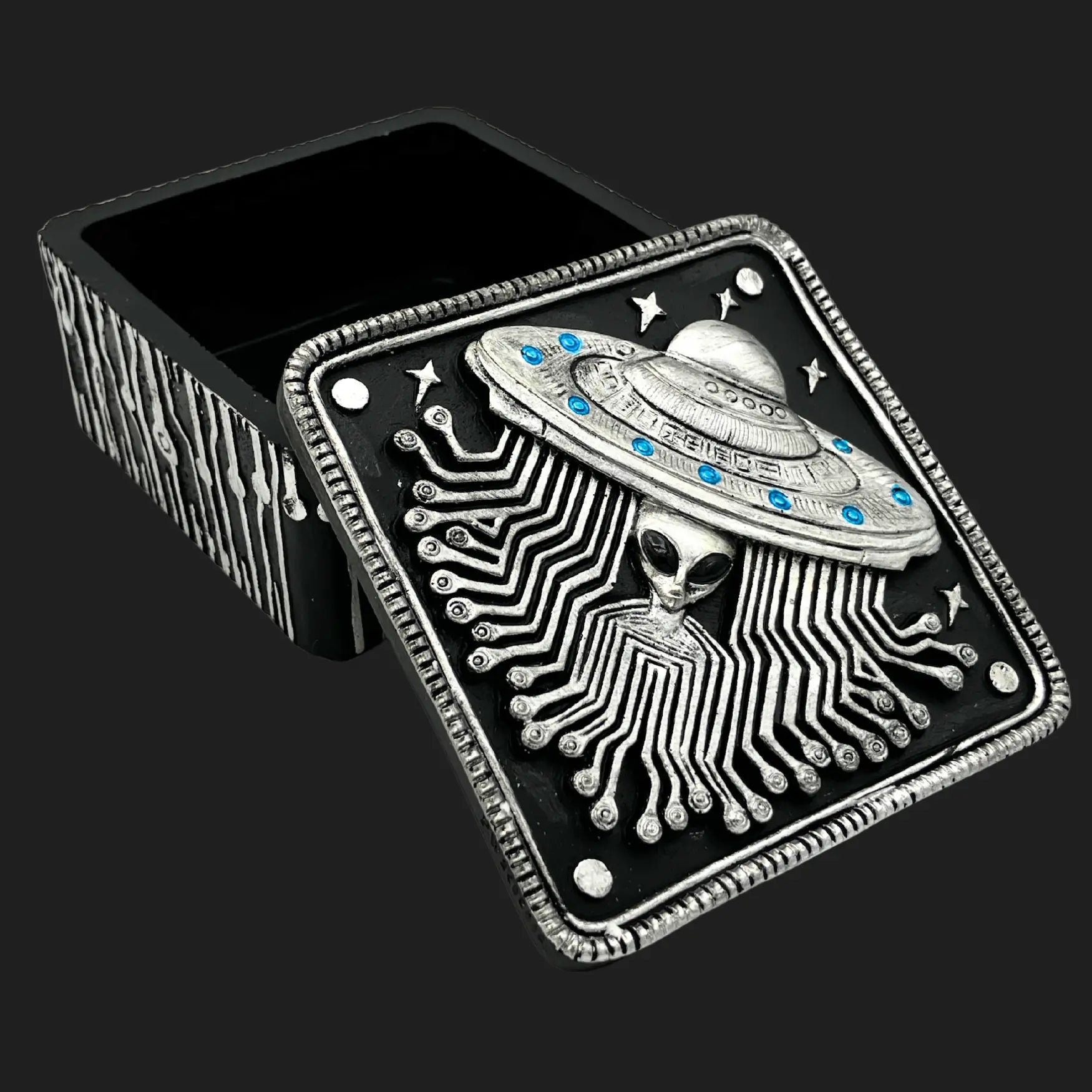 Alien trinket box with UFO lid, silver circuit pattern, and glowing blue details