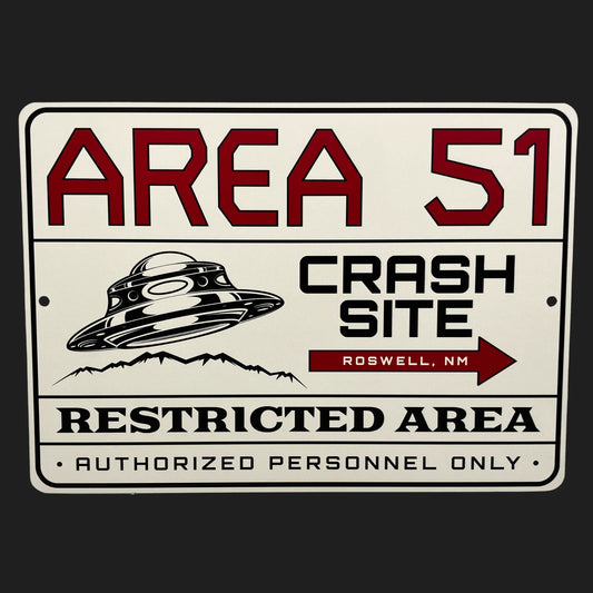 UFO crash site sign with flying saucer graphic blending Roswell and Area 51 legends