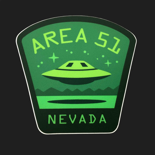 Area 51 UFO sticker in green with flying saucer and Nevada desert design, inspired by secret base lore