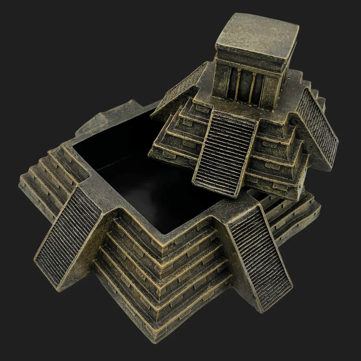 Stone-style Aztec pyramid jewelry box with open lid showing storage compartment