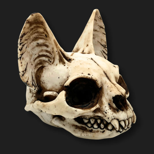 Angled side view of Bastet skull resin statue – Egyptian cat goddess artifact replica.