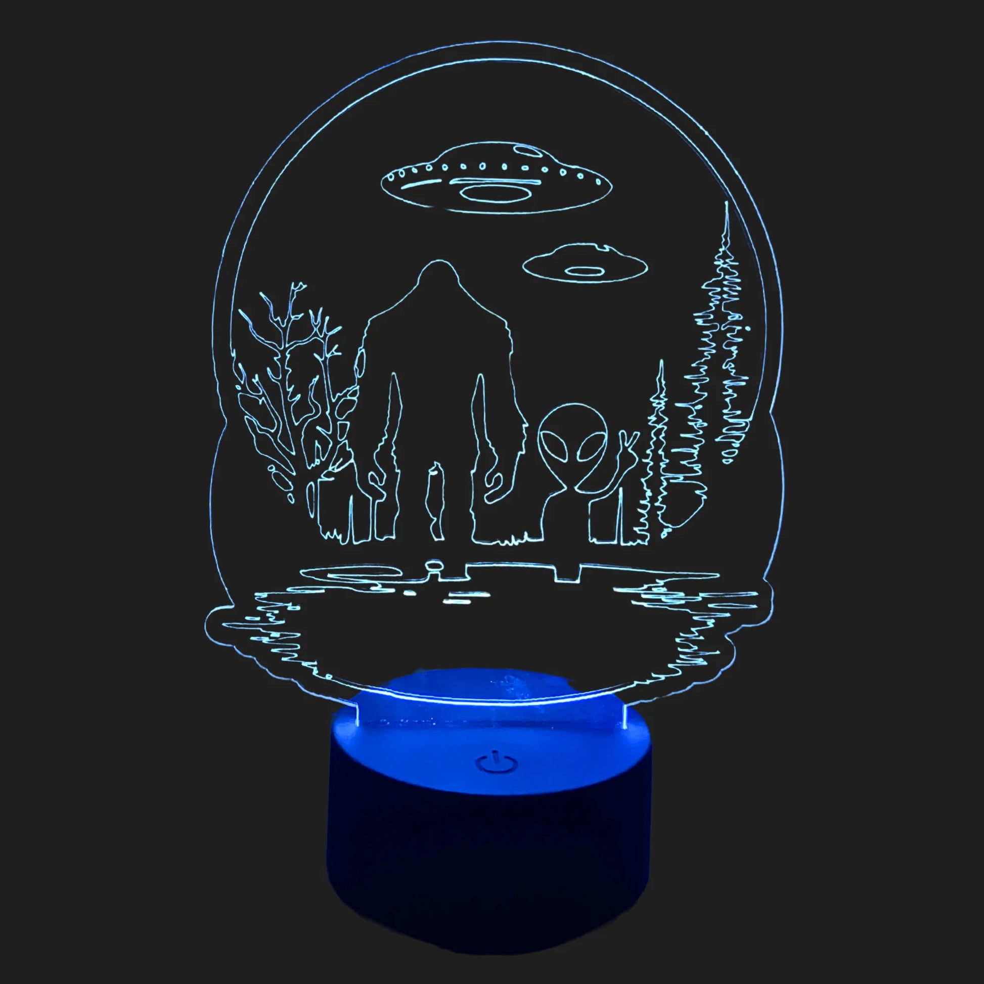 Bigfoot and alien UFO LED lamp glowing blue – remote control multicolor lamp