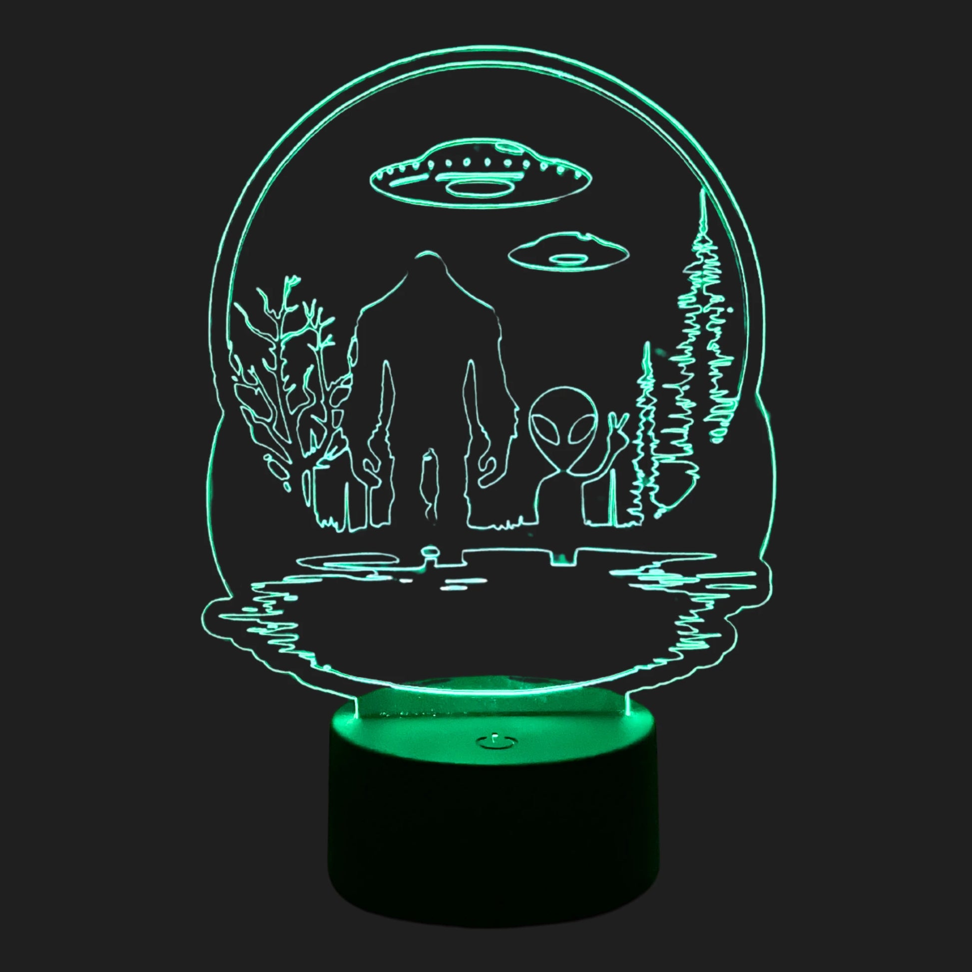 Bigfoot and alien UFO LED lamp glowing green – cryptid night light collectible