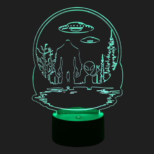 Bigfoot and alien UFO LED lamp glowing green – cryptid night light collectible