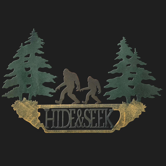 15.5 inch Bigfoot hide and seek wall plaque with Sasquatch silhouettes and forest trees rustic cryptid home décor