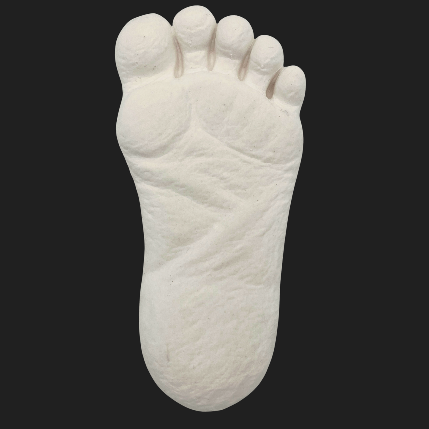 Front view of Bigfoot footprint mini cast showing toe and mid-foot detail on dark background