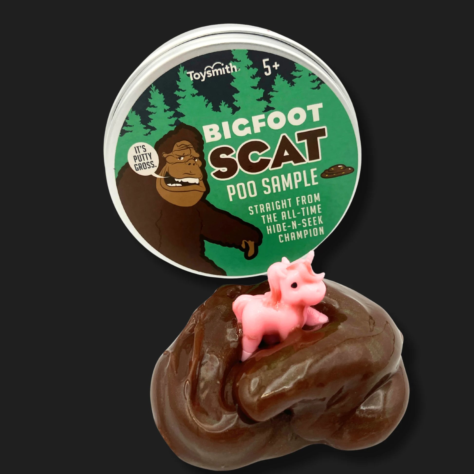 A gag toy putty styled as Sasquatch poop, complete with a pink unicorn “remnant” to hint at Bigfoot’s questionable diet.