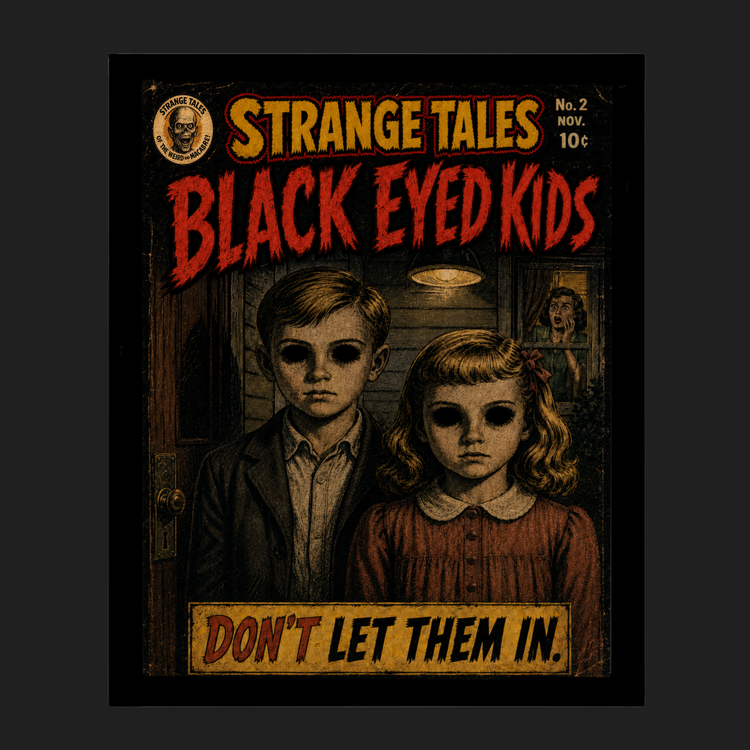 Black Eyed Kids Strange Tales framed wall art print featuring two eerie children in a vintage paranormal horror comic style.