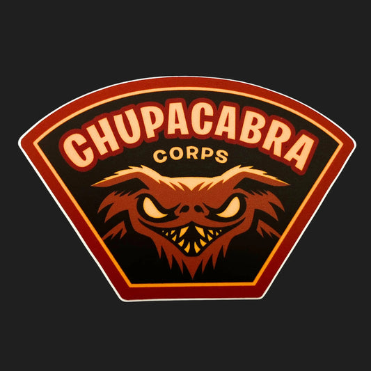 Chupacabra Corps sticker featuring snarling cryptid head with glowing eyes and sharp fangs, folklore emblem style