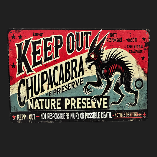 distressed tin sign reading “Keep Out – Chupacabra Nature Preserve” with spined cryptid illustration in red, blue, and black.