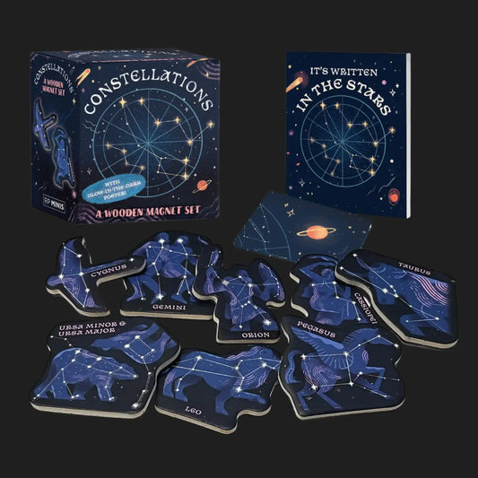 Constellations wooden magnet set with box, poster, and illustrated guidebook