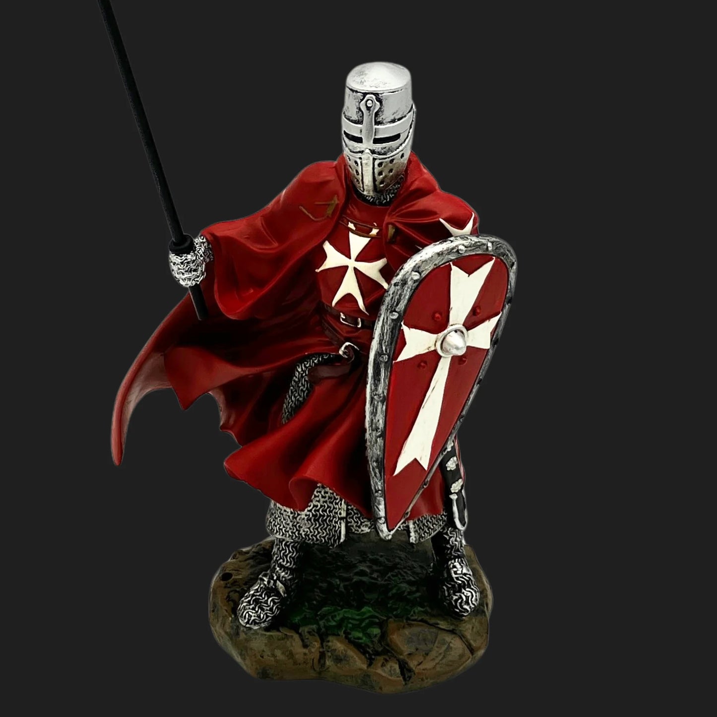 Crusader knight figurine with red cloak and Maltese cross shield