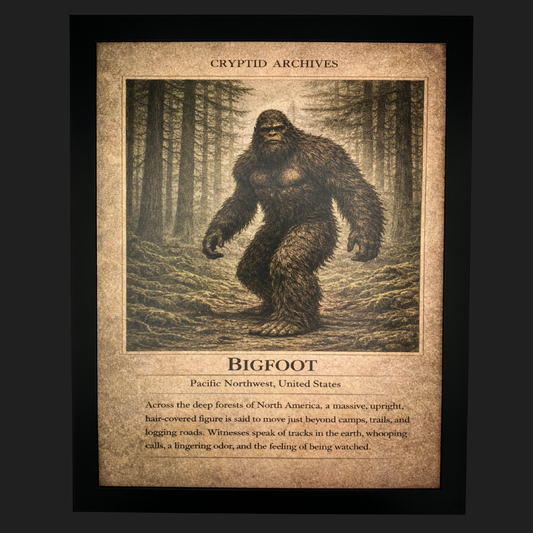 Cryptid Archives Bigfoot art print depicting a massive upright hairy figure in the forests of the Pacific Northwest