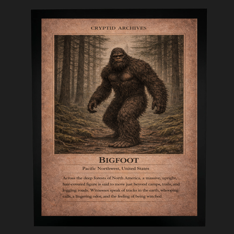 Cryptid Archives Bigfoot art print depicting a massive upright hairy figure in the forests of the Pacific Northwest