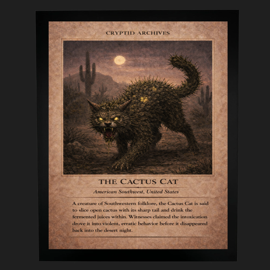Cryptid Archives Cactus Cat illustration showing a spined feline creature prowling the American Southwest desert at night