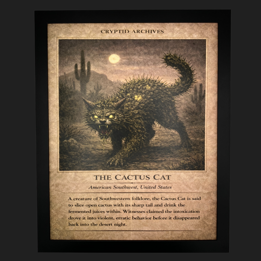 Cryptid Archives Cactus Cat illustration showing a spined feline creature prowling the American Southwest desert at night