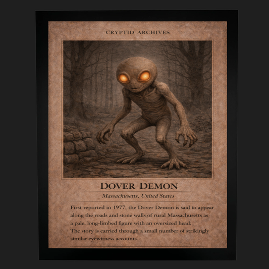 Cryptid Archives Dover Demon artwork depicting a pale long-limbed figure with glowing eyes in rural Massachusetts