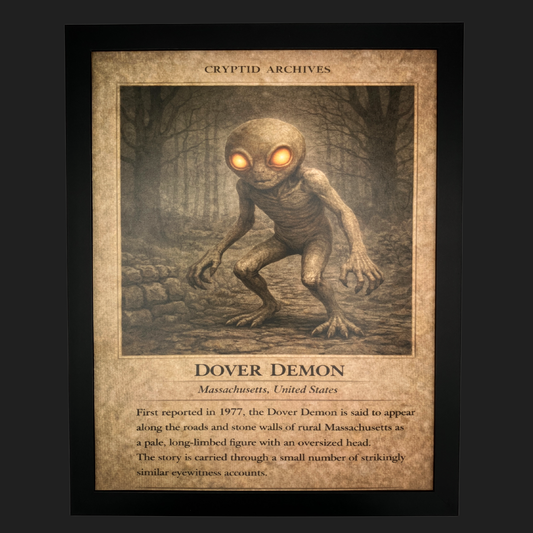 Cryptid Archives Dover Demon artwork depicting a pale long-limbed figure with glowing eyes in rural Massachusetts