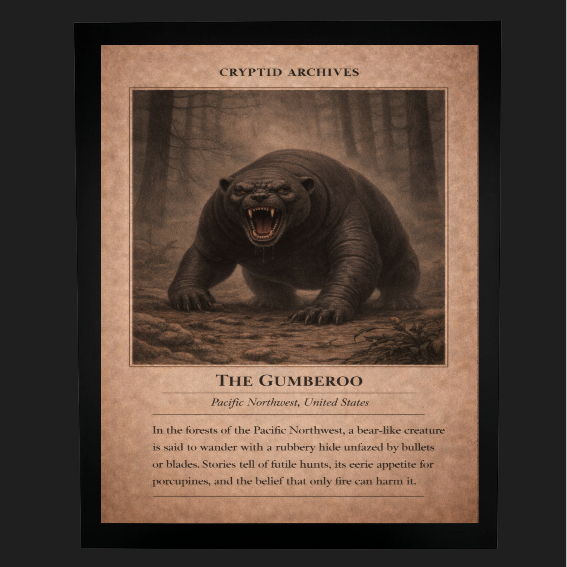 Cryptid Archives Gumberoo illustration depicting a bear-like creature with a rubbery hide in the Pacific Northwest
