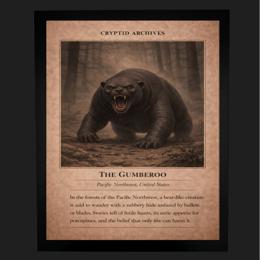 Cryptid Archives Gumberoo illustration depicting a bear-like creature with a rubbery hide in the Pacific Northwest