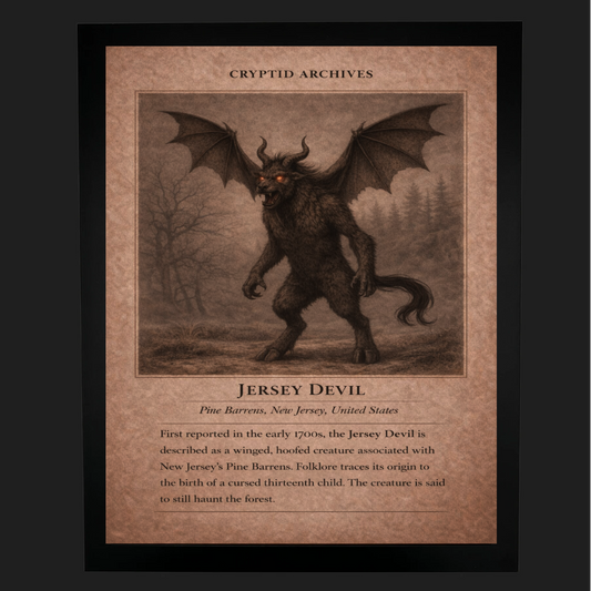 Cryptid Archives Jersey Devil artwork showing a winged hoofed creature haunting the New Jersey Pine Barrens