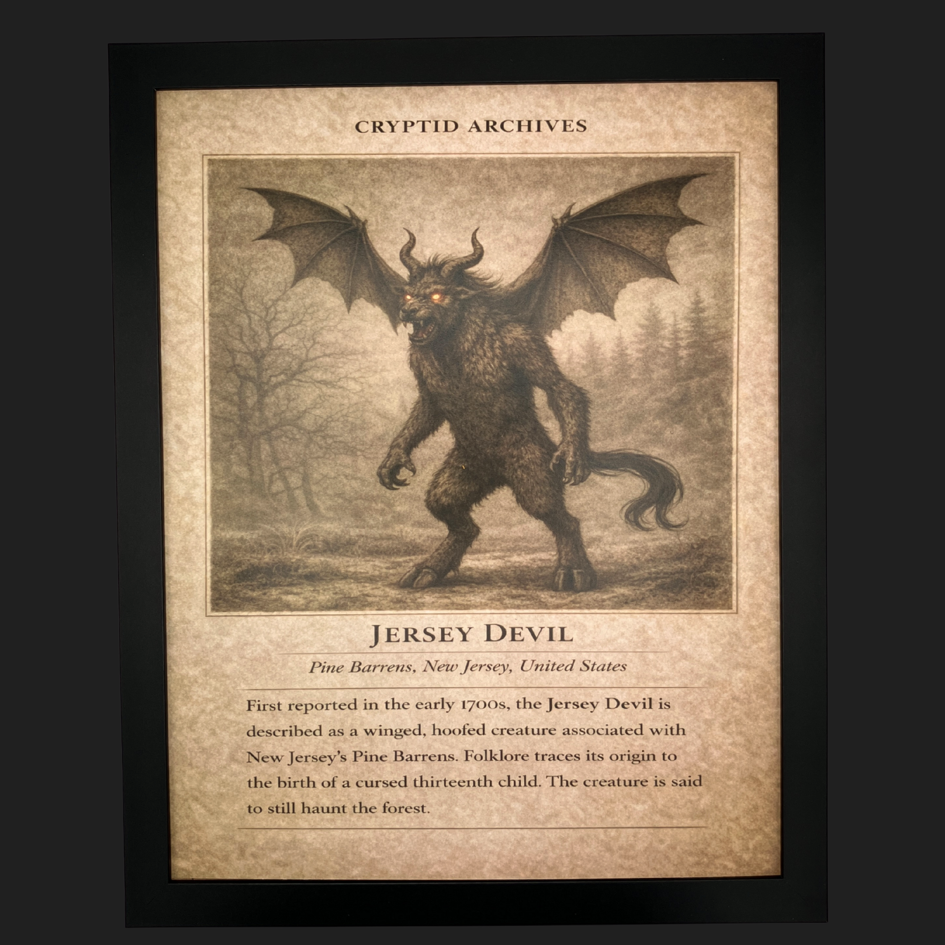 Cryptid Archives Jersey Devil artwork showing a winged hoofed creature haunting the New Jersey Pine Barrens